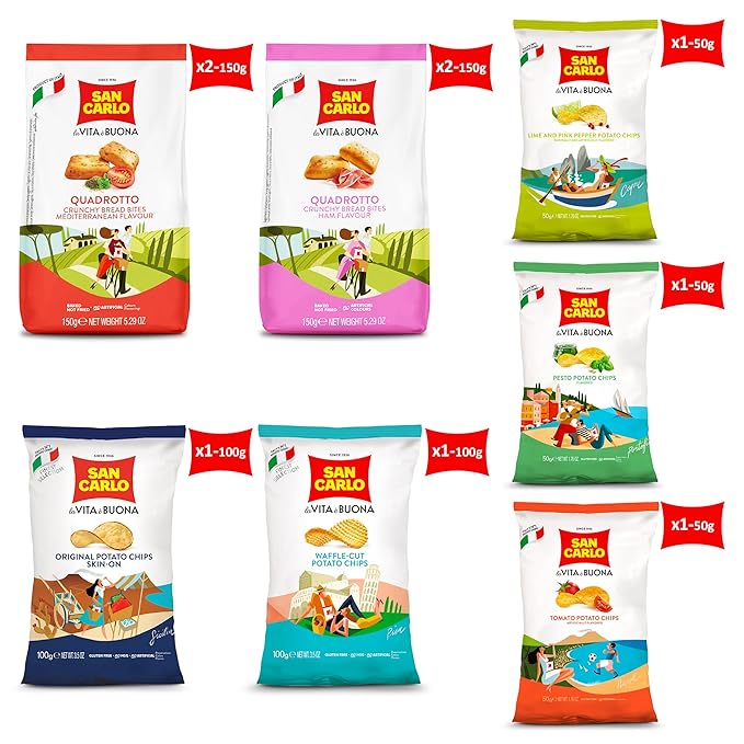 San Carlo Multy Variety Pack 9x - 4x150g Mediterranean and Ham Flavor - 3x50g Multi Flavours Italian Potato Chips: Lime and Pink Pepper, Pesto, Tomato - 2x100g Finest Selection: Waffle Cut, Skin