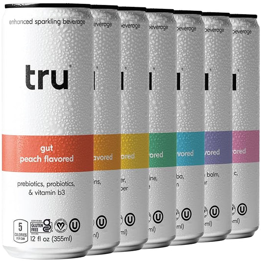 Tru Seltzer Sampler, Variety Pack of Sparkling Water with Real Fruit Juice, Functional Ingredients & Natural Flavors, Gluten Free, Vegan, Low Calorie, Caffeine Free Options, 12 FL OZ Cans, 7 Pack