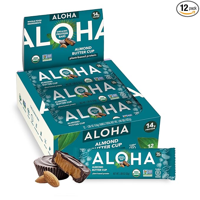 ALOHA Organic Plant Based Protein Bars - Almond Butter Cup - 12 Bars, Vegan, Low Sugar, Gluten-Free, Paleo, Low Carb, Non-GMO, No Stevia, No Erythritol