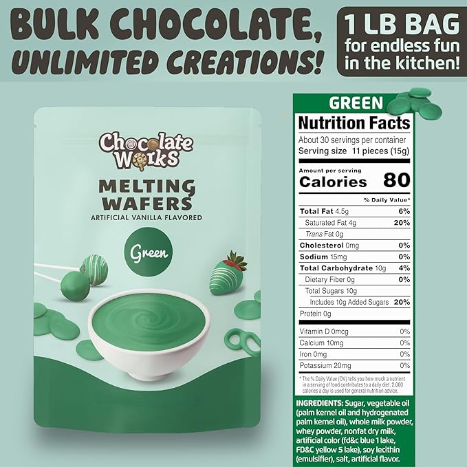 Chocolate Works Green Melting Chocolate Wafers, 1lb (Pack of 1)