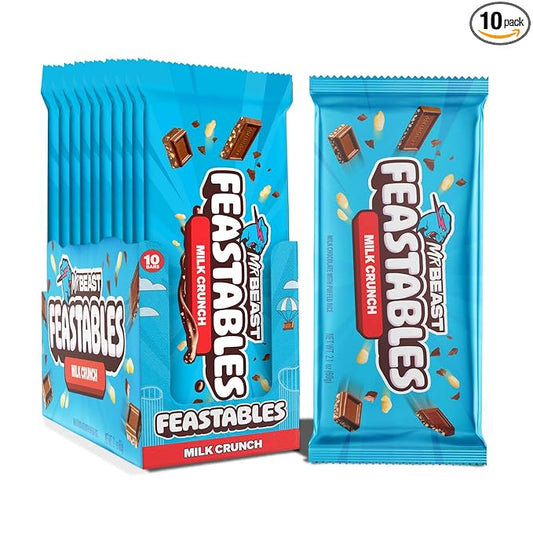 Feastables MrBeast Milk Chocolate Crunch Chocolate Bar, King Size Candy Bar for Adults & Kids, Candy Bars for Snacks, Gifts, & Dessert, Sweet & Creamy Quality Fairtrade Cocoa, 2.1 Oz Each, 10 Count