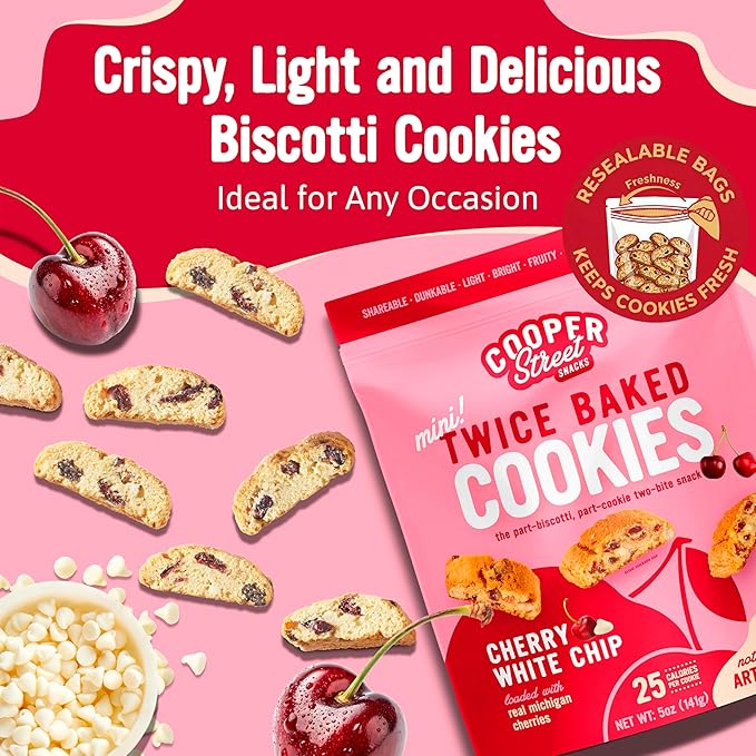 COOPER STREET Twice Baked Cherry White Chip Biscotti Cookies - Crispy Mini Biscotti Cookies Ideal with Coffee - Traditional Low Calorie Italian Snacks - Kosher, Dairy, Peanut & Soy Free (6 Pack)