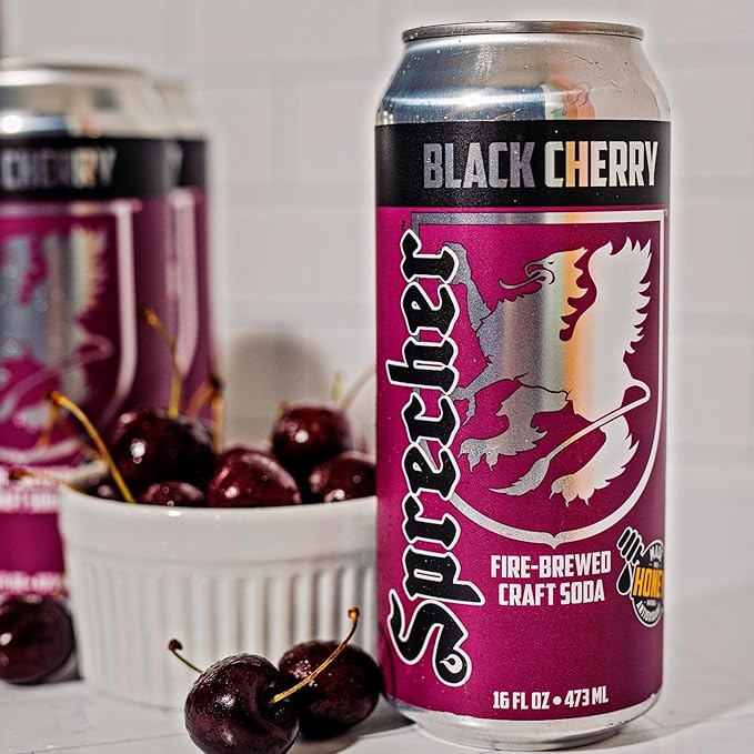 Sprecher Black Cherry Soda 16 fl oz Cans (12 Pack), Fire-Brewed with Real Honey & Door County Cherry Juice – Handcrafted, Caffeine-Free, Gourmet Beverage