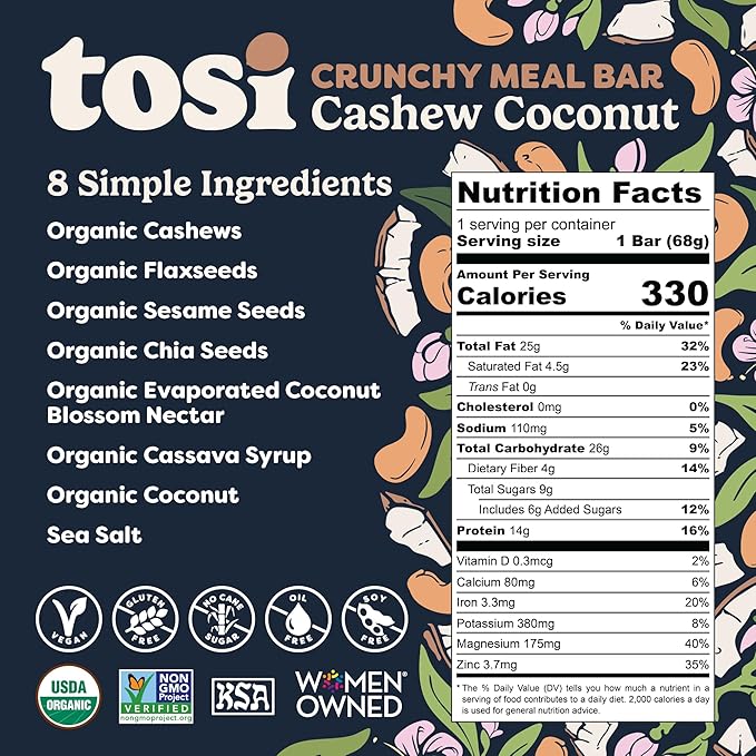Tosi Meal Nut Bars, Cashew Coconut, Healthy Snacks for Adults & Kids, Crunchy Plant Based Protein Bar (14G), Keto Snacks, Vegan, Gluten & Soy Free, Low Sugar, Omega 3s, 2.4oz, 12-Pack