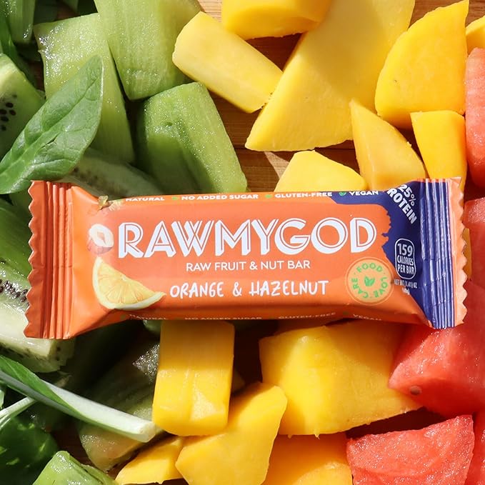 RAWMYGOD Fruit and Nut Bars, Good Source of Protein (10g, 25% protein content), Gluten Free, Vegan, No Added Sugar (16 bars, Orange & Hazelnut)