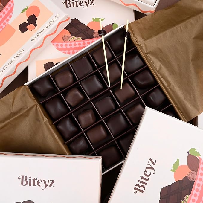 Biteyz Choco Turkish Delight, Vegan Candy Gift Box - Chocolate-Covered Assorted Treats with Orange, Pistachio, and Hazelnut, 25 Pieces of Gourmet Handmade Vegan Snacks