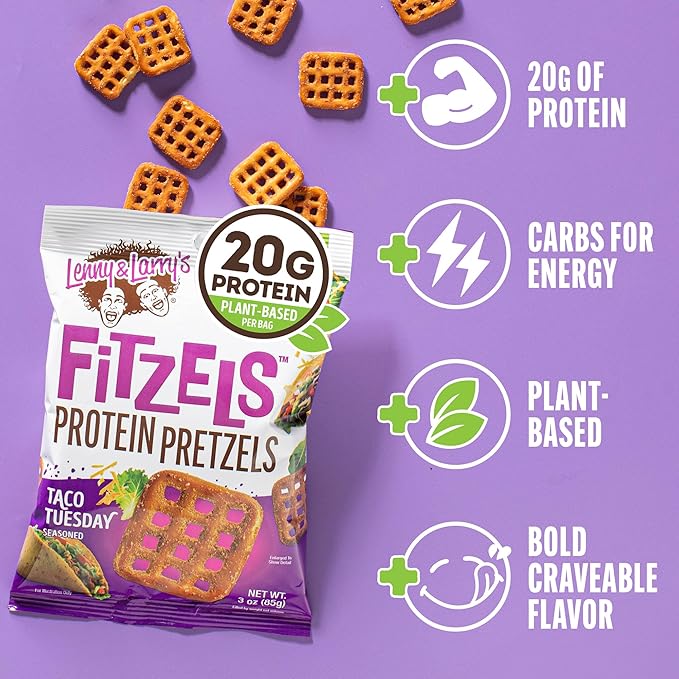 Lenny & Larry's Protein Pretzel [Taco Tuesday] FITZELS - Crunchy, Salty, Savory, Tasty Snack High in Protein - Taco Tuesday 20 g's of Plant Protein 8 Bags, 3 oz Each
