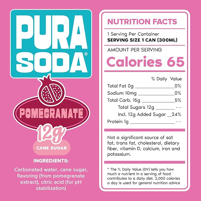 PuraSoda® Pomegranate | Low-Calorie, Cane Sugar Soda Beverage | Non-GMO, Vegan | Made with Pure Cane Sugar, Clean & Refreshing | 10.1 fl oz (300ml) Cans, Pack of 24
