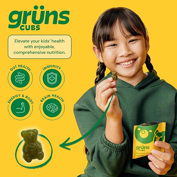 Gruns Multivitamin for Kids, Super Greens Gummies, Superfood Gummy Bears with 20+ Vitamins & Minerals, Spirulina, Chlorella, Alfalfa, Prebiotics Fiber for Digestive Health, Adaptogens Supplement, 28ct