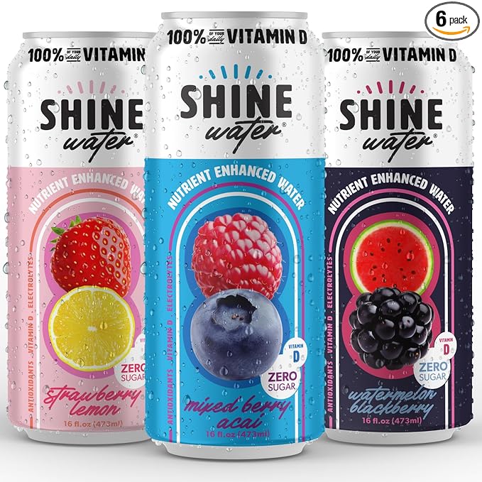 Shine Water Variety Pack Vitamin D Electrolyte Drinks, Sugar Free Flavored Water 6-Pack with Magnesium, Zinc & Antioxidants, Low Calorie Hydration Beverage, Plant-Based Vitamin Water Zero Sugar