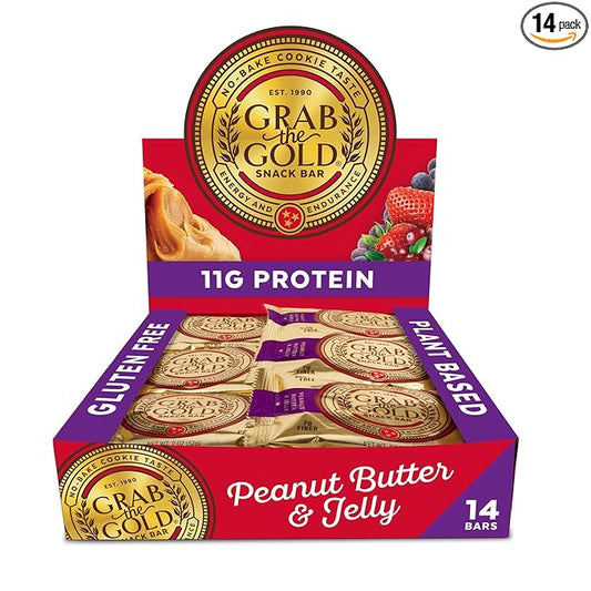 Grab The Gold Cranberries Peanut Butter & Jelly Protein Snack Bars | 11g Plant-Based Protein Bars with Organic Oats, Whole Food Nutrition | Gluten-Free, Vegan, High-Fiber | 14 Bars Amazon Exclusive