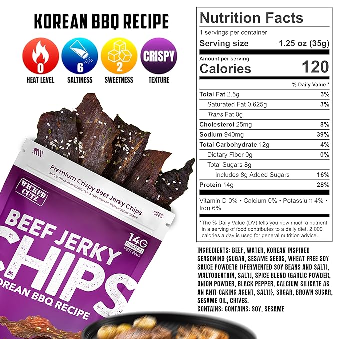 Wicked Cutz Korean BBQ Beef Jerky Chips, 14g Protein per Bag, Crispy & Crunchy Beef Jerky Crisps, USA Made Barbeque Flavored Chips, High Protein Carnivore Snacks (2 Bags)