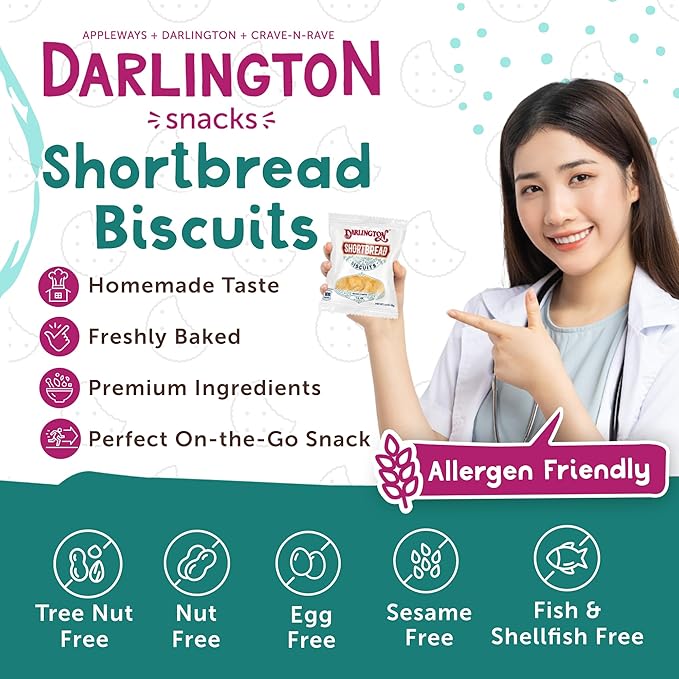 Darlington Shortbread Cookies Individually Wrapped Classic Soft Butter Cookies, 20 pk, 1 oz Single Serve Packs for Gifting, Lunchboxes & On-the-Go Snacks. Portion Controlled Short Bread Tea Biscuits