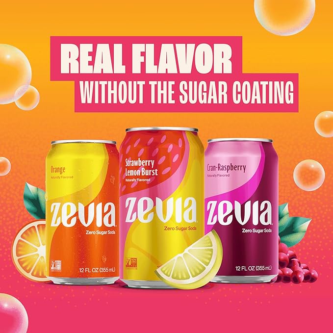 Zevia Zero Sugar Soda, Fruity Variety Pack, 12 oz Cans (24-Pack) – Naturally Sweetened, Zero Calorie Sugar Free Soda - Non-GMO Project Verified, Gluten-Free, Vegan