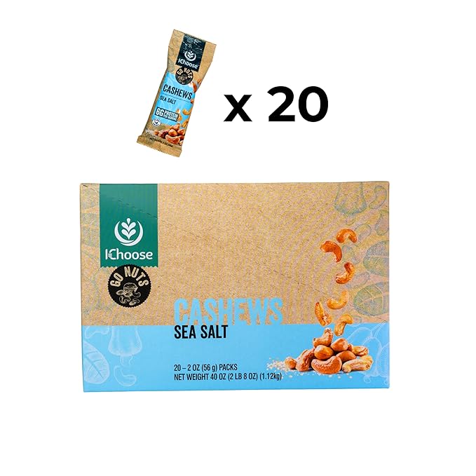 IChoose Go Nuts – Premium Cashews, High Protein Plant-Based Snack, 2 oz per Pack (20 Packs, Seasalt)