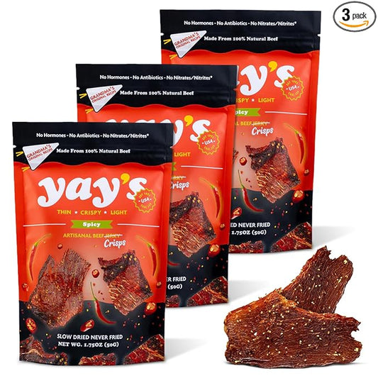 Yay's Snacks Sweet and Spicy Beef Crisps | Crispy, Crunchy, High Protein Snacks | Spicy Beef Jerky with 24G Protein Snacks Per Bag | Healthy Meat Snacks Non-GMO, USA Made - 3 Packs (1.75 Oz Each)