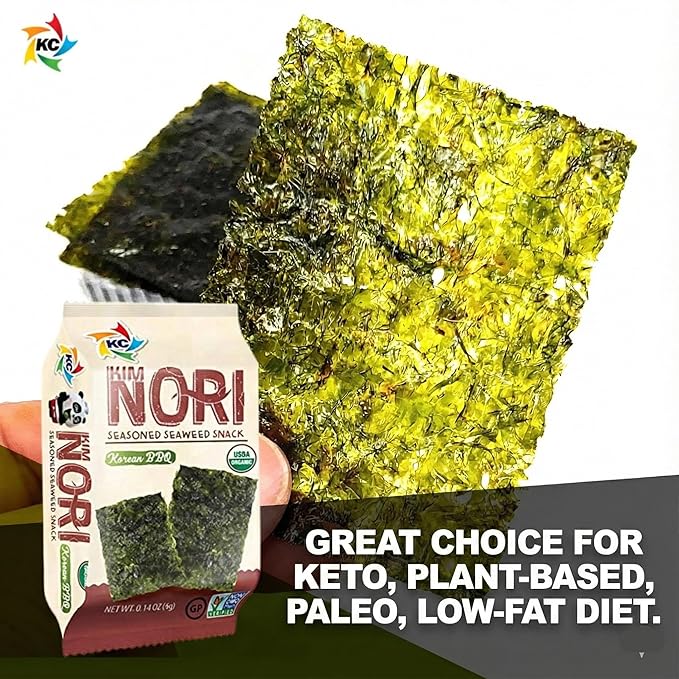 KIMNORI Seasoned Seaweed Snacks Sheets – Organic Korean BBQ Flavor 24 Individual Packs, Roasted Crispy Premium, 100% Natural Laver, Kim Nori 4g 0.14 Ounce