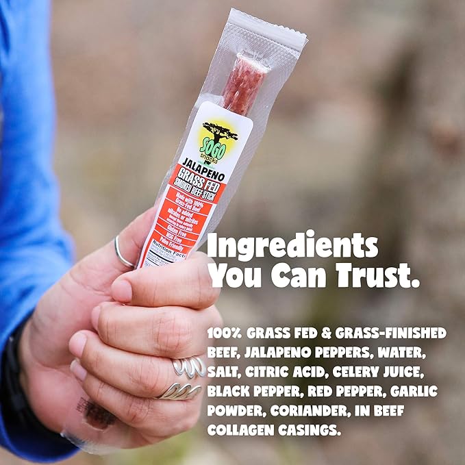 Jalapeno 100% Grass Fed Beef Sticks, Sogo Snacks, Low Carb and Gluten-Free Snack, Hiking and Road Trip Snacks, Snack Pack of 24 Level 3.5 of 5 Spicy Jerky Sticks