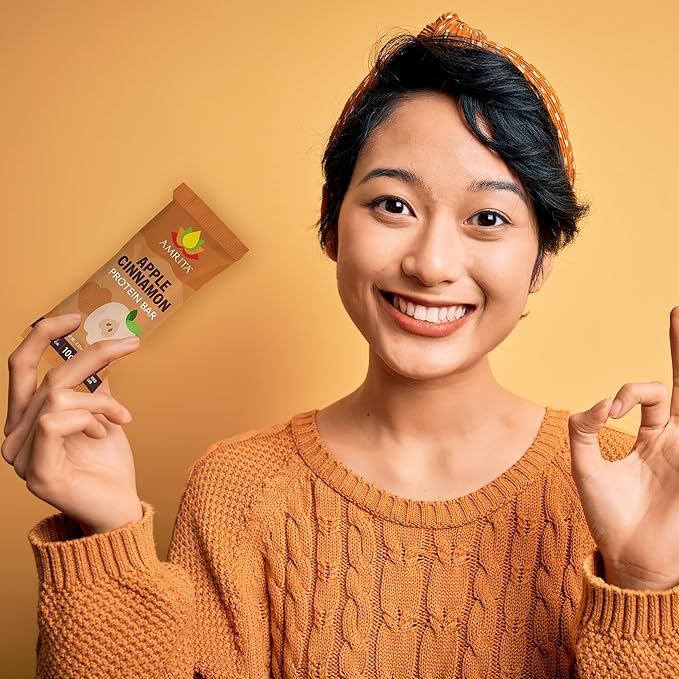 Amrita Apple Cinnamon High Protein Bars, 15g Plant Based Protein, Low-Sugar Meal Replacement Bars, Vegan, Gluten-Free, 12 Bars