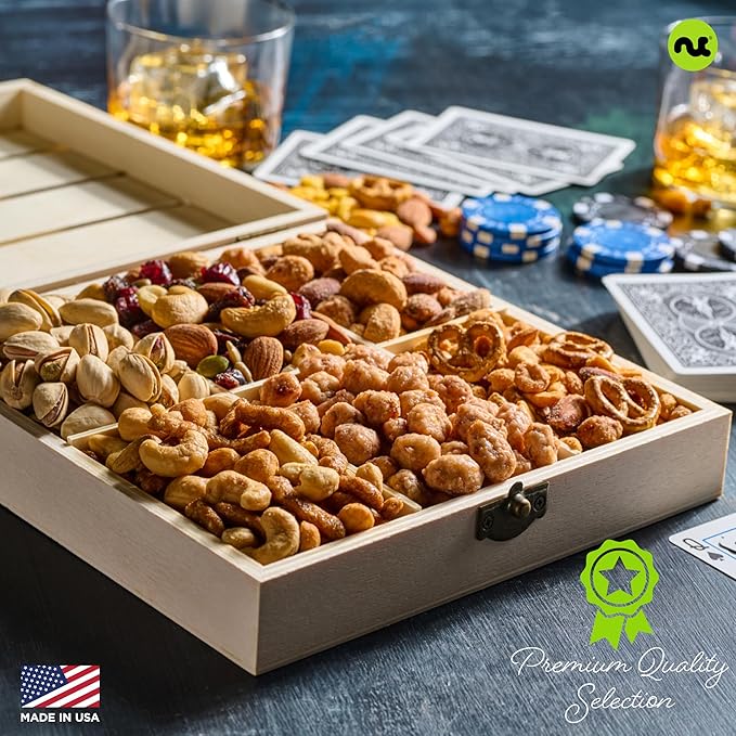 NUT CRAVINGS - Valentines Day Mixed Nuts Gift Basket in Reusable Wooden Crate (12 Assortments) Treats for Adults, Food Arrangement, Healthy Snack Care Package, Kosher