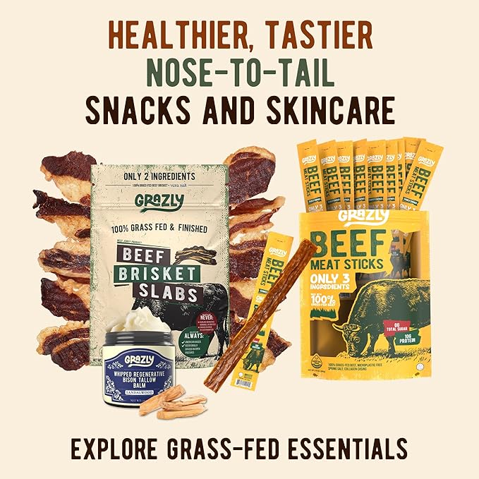 Grazly Grass-Fed Beef Sticks – Made with Only Beef, Spring Salt & Collagen Casing – Clean, High-Protein Snack w/ 10g Protein Per Stick (1 oz, 10 Pack)
