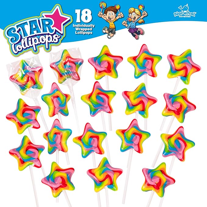 Rainbow Star Lollipops Swirl 18 PCS- Star Shaped Lollipop - Bulk Lolipop Candy Suckers Treats - Swirly Candies for Birthdays Party Favors and Goodie Bags - Easter Basket Fillers for Kids