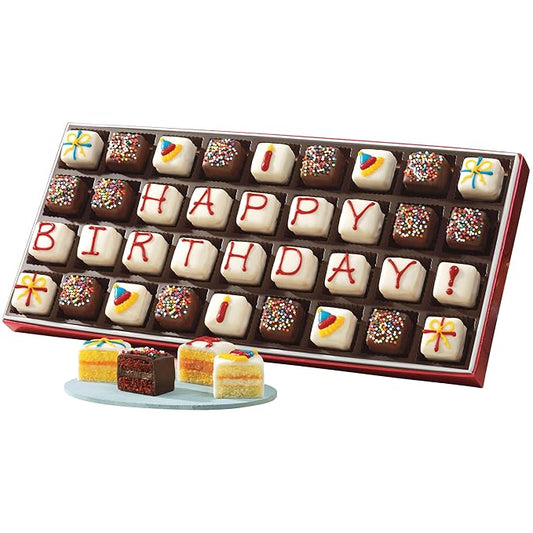 The Swiss Colony Birthday Petits Fours Cake Assortment – Gourmet Mini Layer Cakes in Chocolate, Vanilla, Lemon, and Orange – Hand-Decorated Dessert to Celebrate Special Occasions