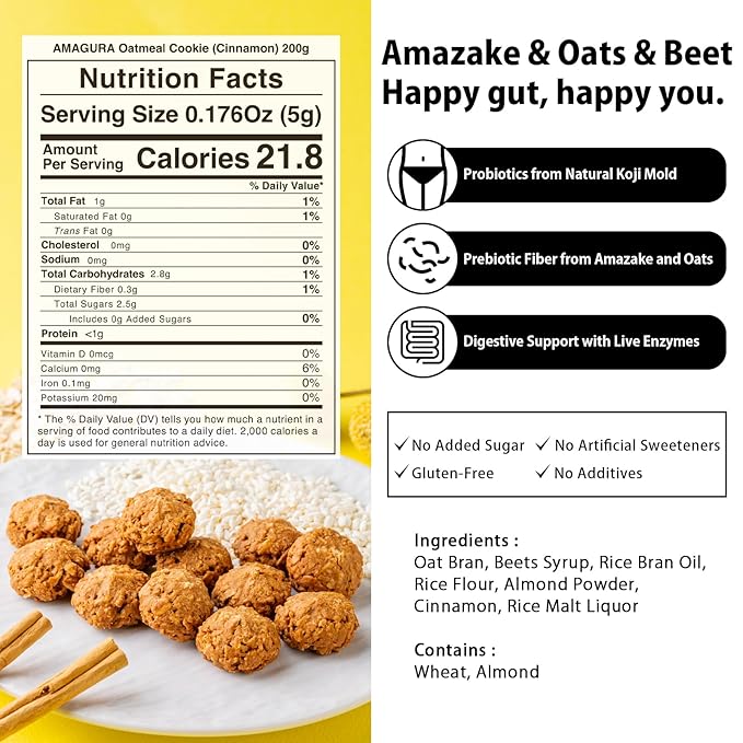 ［AMAGURA］Japanese Amazake Oatmeal Cookies 7oz | Japanese superfood, Natural Healthy Cookies, Probiotics, Gut Health, Gluten Free, Sugar Free, alcohol free,diet cookie,cinnamon,Rich Nutrients and Fiber (1, Cinnamon)