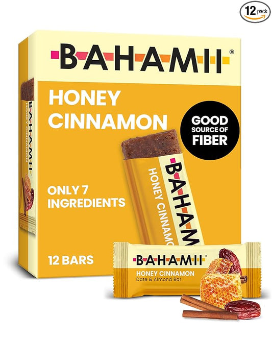 Bahamii Snack Bars, Made with Dates & Nuts, Healthy Snacks, Gluten Free, Good Source of Fiber, Only 7 Ingredients, For Kids & Adults, No Artificial Sweeteners, Dairy Free, 12 Pack, Honey Cinnamon