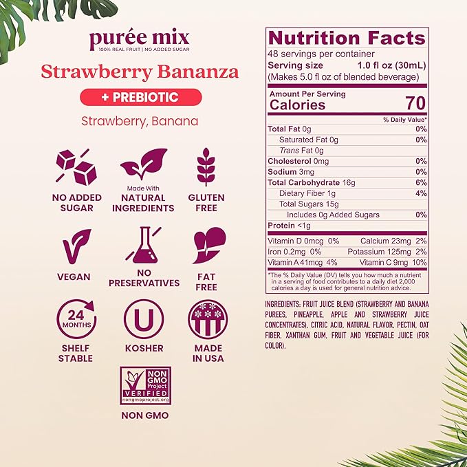 Smartfruit Strawberry Bananza + Oat Fiber – 100% Real Fruit Purée with Strawberries & Banana – Great for Smoothies, Juice, Yogurt, Cocktails, Teas & More – High in Vitamin C – 2-Pk, 48oz Each