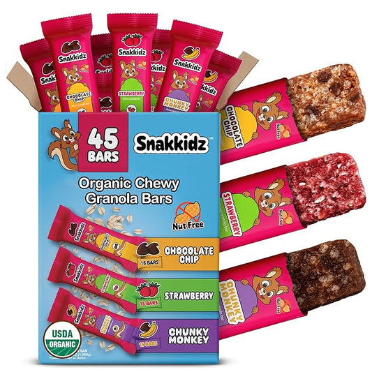 Snakkidz Organic Chewy Granola Bars for Kids, Allergen-Free, Nut-Free, Gluten-Free, Low Sugar Snack Bars Made with Avocado Oil, Individually Wrapped, School Lunch Snacks, Bulk Pack of 45, Variety Pack