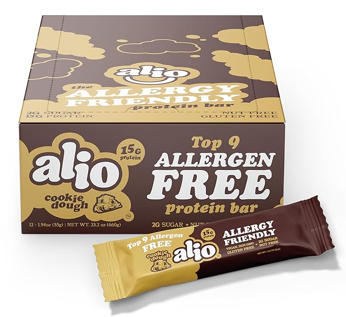 Alio Protein Bars - Cookie Dough (12 Bars) – Free From The Top 9 Food Allergens, High Protein, Low-Calorie, Vegan, Gluten-Free, Nut-Free, Non-GMO, Plant-Based, Seed Oil Free, Delicious & Healthy Snack