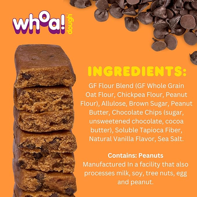 Whoa Dough Edible Cookie Dough Bars- Certified Non-GMO, Kosher and Gluten Free Bars - Healthy Snack Foods - Plant Based Snacks - Peanut Butter Chocolate Chip Cookie Dough - 10 Pack