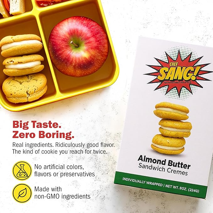 CHEF SANG! Creamy Sandwich Cookies | No Artificial Flavors or Preservatives | Real Almond Butter Cream Filling | Non-GMO | Individually Wrapped Cookies | 6oz (Pack of 2)
