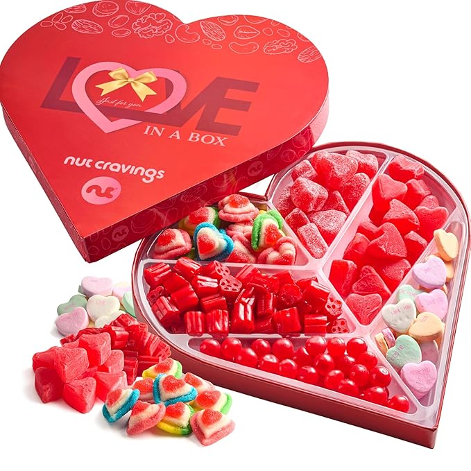 NUT CRAVINGS - Valentines Day Mixed Candy Heart Shaped Gift Basket, Love in A Box (6 Assortments) Romantic Food Arrangement, Healthy Snack Care Package, Food Assortments