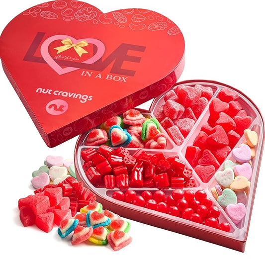 NUT CRAVINGS - Valentines Day Mixed Candy Heart Shaped Gift Basket, Love in A Box (6 Assortments) Romantic Food Arrangement, Healthy Snack Care Package, Food Assortments