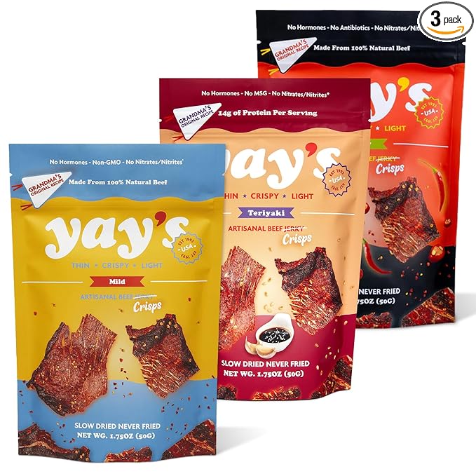 Yay's Beef Jerky Sampler Pack – Healthy High-Protein Snacks, Variety Pack of 3 Flavors (Mild, Spicy, Teriyaki), Low-Carb, Healthy Meat Snacks for Any Occasion – 3 Bags (1.75 oz Each)