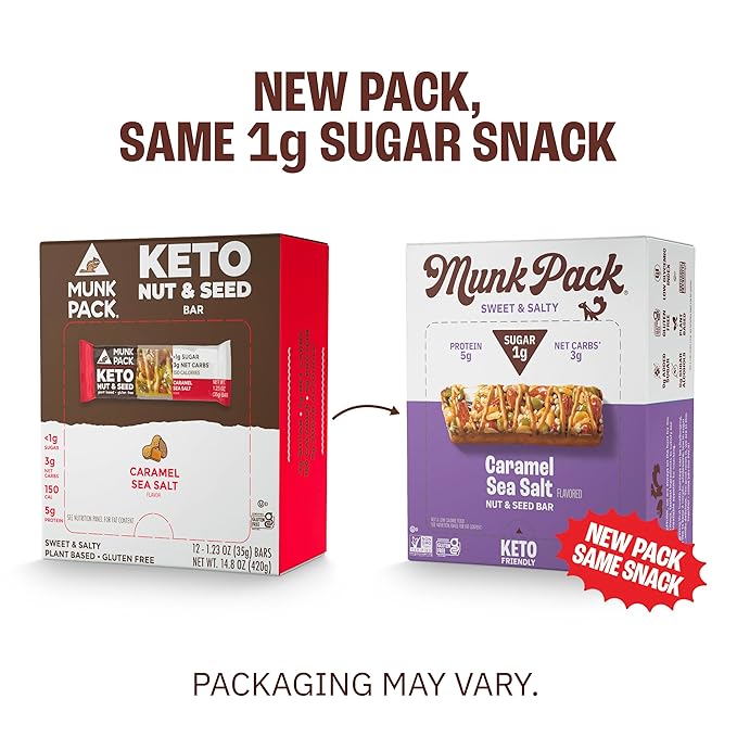 Munk Pack Caramel Sea Salt Nut & Seed Snack Bars | 6g Protein, 1g Sugar, 3g Net Carbs | Keto Friendly, Plant-Based, Gluten-Free, Low Sugar Snacks | 12 Count (4.92 oz)