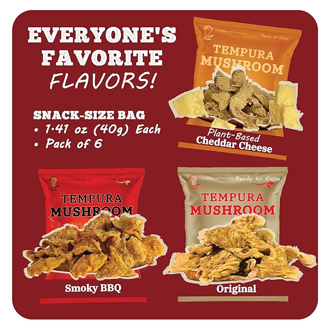 BITETUOSO Tempura Oyster Mushrooms – Ready-to-Eat Crispy Snack, Variety Pack for Kids & Adults – Gourmet Plant-Based Snack Chips in Original, BBQ, and Cheddar Cheese Flavors (1.41 oz, 6-Pack)