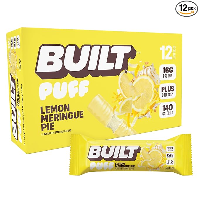 Built Bar Puff Protein Bars, Lemon Meringue Pie, Collagen, On-the-go Snacks, Gluten Free, 12 Pack