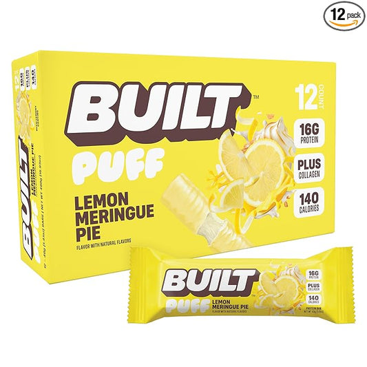 Built Bar Puff Protein Bars, Lemon Meringue Pie, Collagen, On-the-go Snacks, Gluten Free, 12 Pack