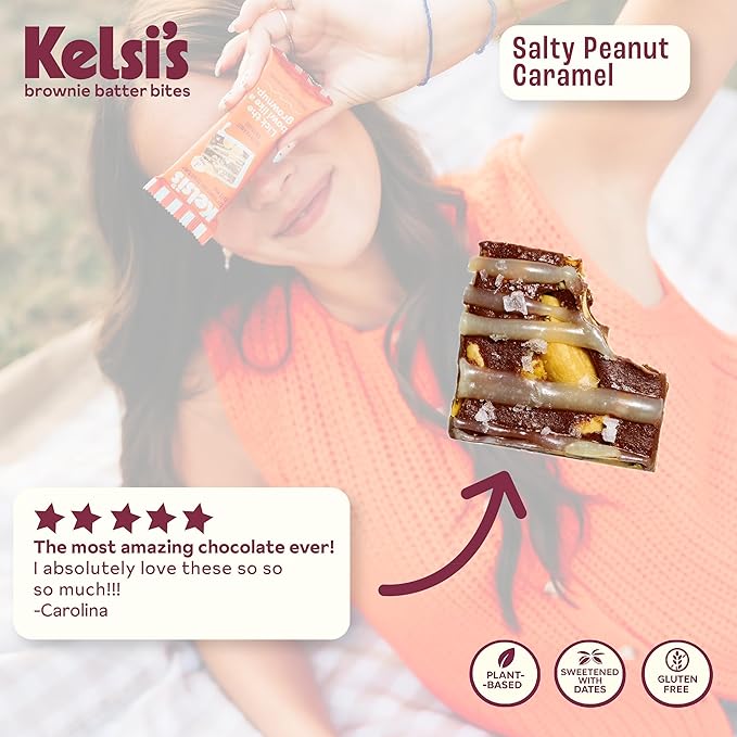 Kelsi's Salty Peanut Caramel Brownie Batter Bites, 8 Pack - Whole Ingredients, Healthy Brownie Bites, Dairy Free, Gluten Free, Soy Free Chocolate, Zero Refined Sugar, Paleo, Minimally Processed, Healthy Snack Alternative for Adults & Kids