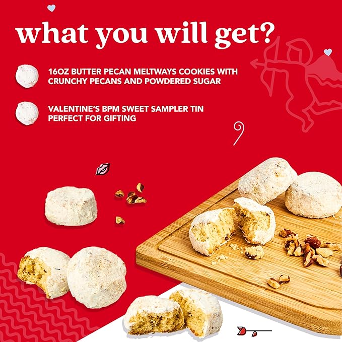 David's Cookies Butter Pecan Meltaways Sweet Sampler in Love Tin - 16oz Butter Cookies with Crunchy Pecans, Soft, And Melt In Your Mouth Flavorful Cookies - Delicious Gourmet Valentine's Food Gift