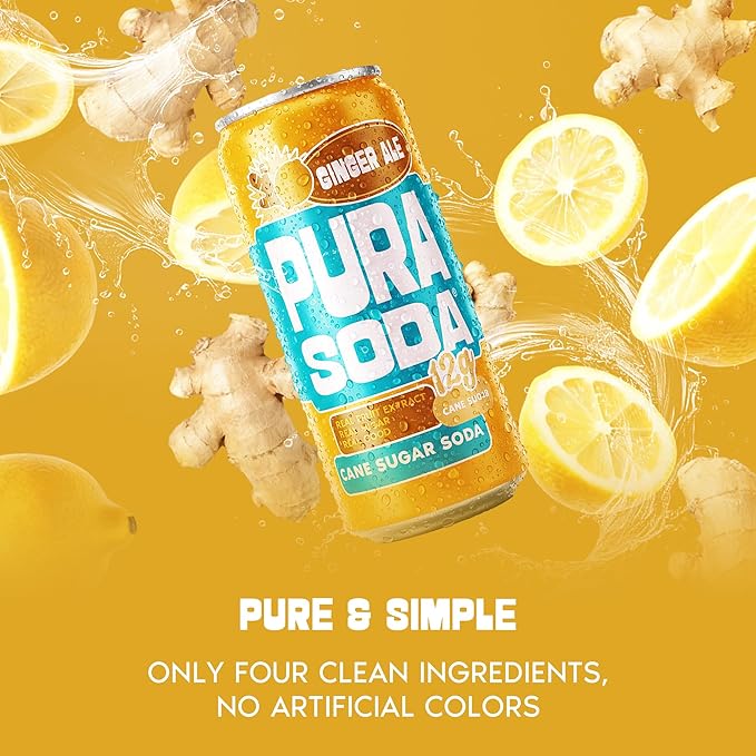 PuraSoda® Ginger Ale Low-Calorie Cane Sugar Soda - Made with Pure Cane Sugar, No Stevia or Artificial Blends - Non-GMO, Vegan, Clean & Refreshing Ginger Soft Drink - 10.1 fl oz Cans, Pack of 24