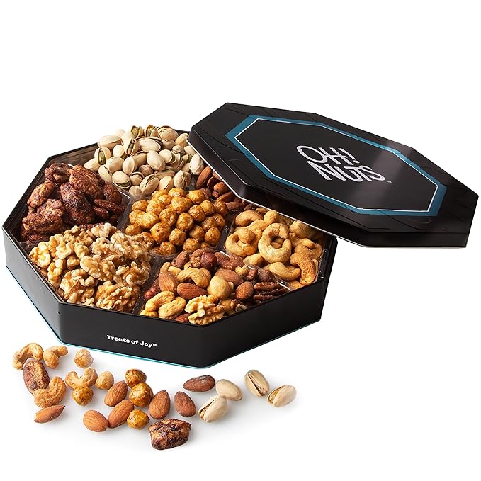 Oh! Nuts Gift Basket 7 Section Assorted Gift Tin Box - Gourmet 7 Variety Fresh Roasted Nuts - Healthy Snacks for Birthday, Anniversary, Family Party, Movie Night - for Men & Women