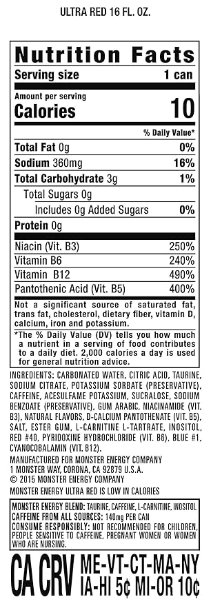 Monster Energy Ultra Red, Sugar Free Energy Drink, 16 Ounce | Pack of 15