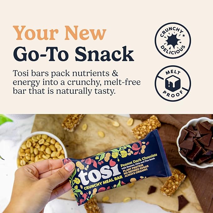 Tosi Meal Nut Bars, Peanut Dark Chocolate, Healthy Snacks for Adults & Kids, Crunchy Plant Based Protein Bar (16G), Keto Snacks, Vegan, Gluten & Soy Free, Low Sugar, Omega 3s, 2.4oz, 12-Pack