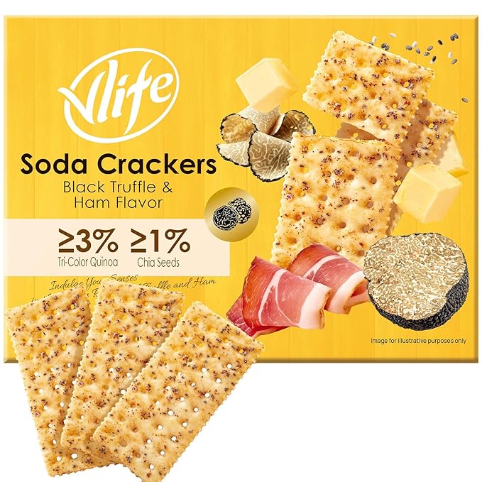 Vloong Black Truffle & Ham Flavor Soda Crackers with Chia Seeds and Quinoa, Vlife Baked Charcuterie Board Crackers, Individually Packed Office Snacks(1 PACK,14.2 Ounce), Gourmet Pepperoni Crackers for Cheese