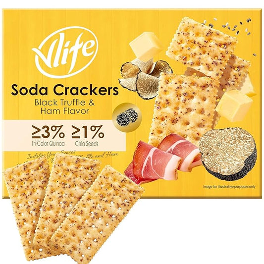 Vloong Black Truffle & Ham Flavor Soda Crackers with Chia Seeds and Quinoa, Vlife Baked Charcuterie Board Crackers, Individually Packed Office Snacks(1 PACK,14.2 Ounce), Gourmet Pepperoni Crackers for Cheese