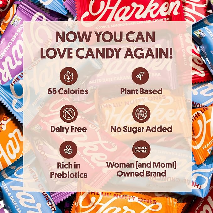 Harken Sweets The Lil’ Nutty Ones, Mini Oat Milk Chocolate Candy Bars with Peanuts, Sweetened with Dates, No Sugar Added, High Fiber Snack, Gluten-Free, Plant-Based, 6 Pouches (30 Bars)